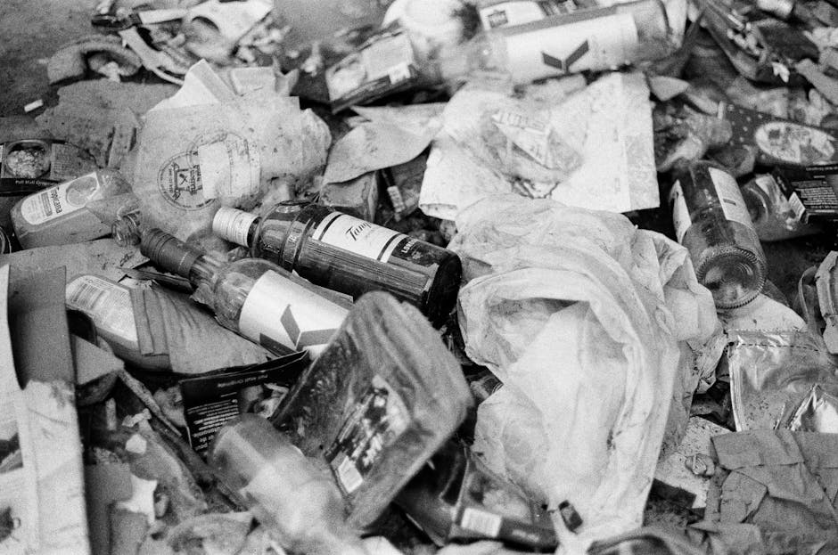 A close-up view of a pile of mixed household rubbish and waste materials scattered on the ground, including crumpled paper, plastic bottles, aluminium cans, cardboard packaging, and tissue paper. The trash appears discarded and unorganized, with some items partially crushed or folded, exhibiting varied textures such as smooth plastic surfaces, crinkled paper, and metallic finishes. The scene is in black and white, emphasizing the contrast between different waste types and textures, with some debris overlapping each other and others lying separately. The background shows more debris extending beyond the foreground, with no visible containers or receptacles. The image reflects a typical onsite waste accumulation that would require professional rubbish clearance services, such as those offered by Waste Clearance Acton, to manage proper disposal or recycling. The overall environment suggests an outdoor or driveway setting where waste is temporarily accumulated before collection or removal.